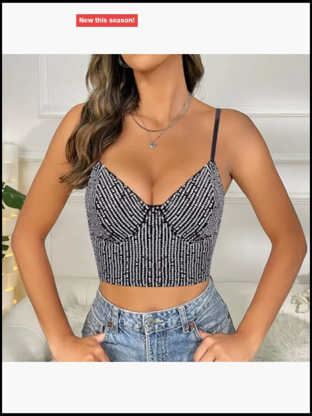 Sequin Crop Top V-Neck Spaghetti Strap Sleeveless Rhinestone Tassel Sparkly